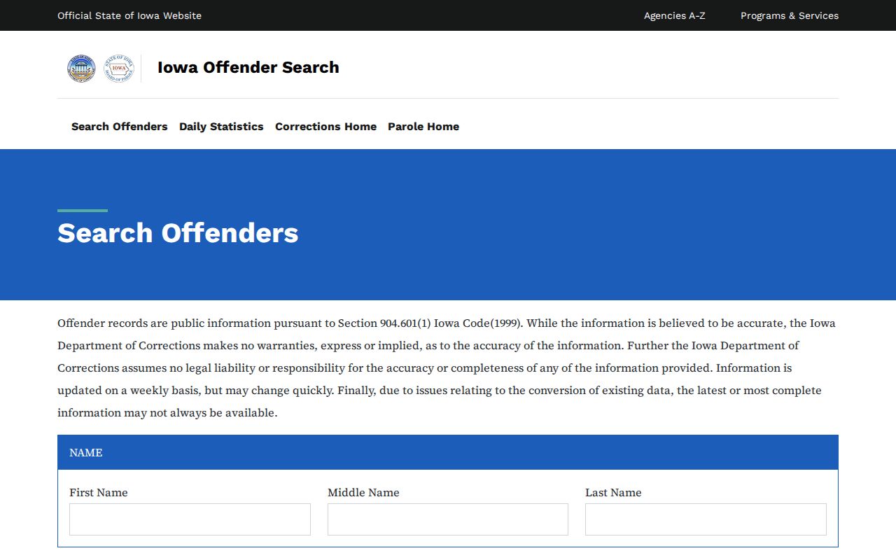 Iowa Department of Corrections offender search fields and update warning