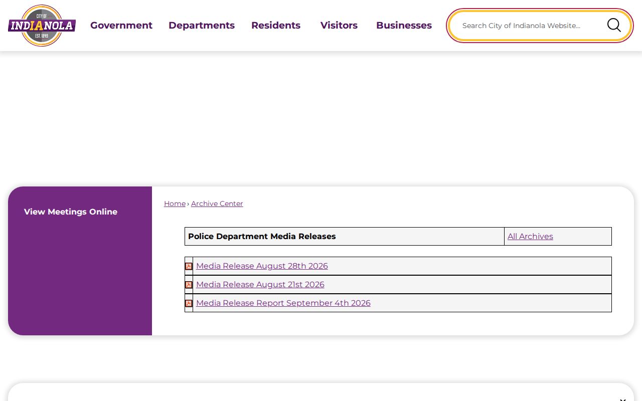 Indianola Police media release archive search and dated report interface