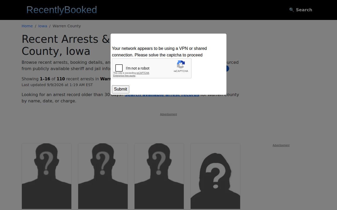 Unofficial Recently Booked Warren County search interface and disclaimer